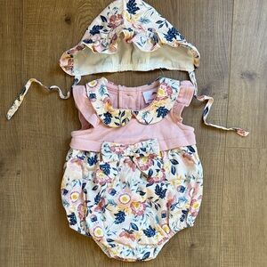 Tommy Bahama Pink Floral Baby Bodysuit with Bonnet Hat